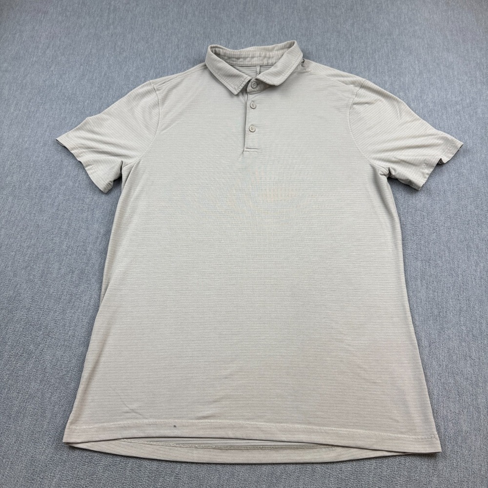 Lululemon Polo Shirt Mens Medium Beige Striped Evolution Golf Performance Collar